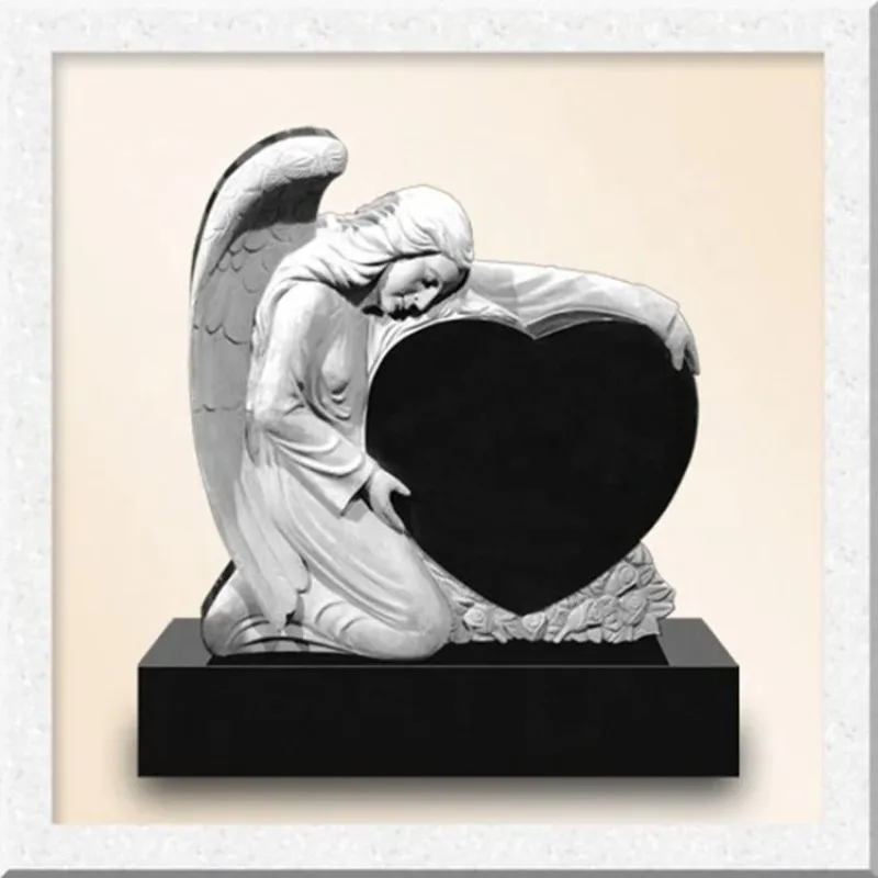 Customization Natural Black Granite Monument with Angel Statue and Single Heart Carvings