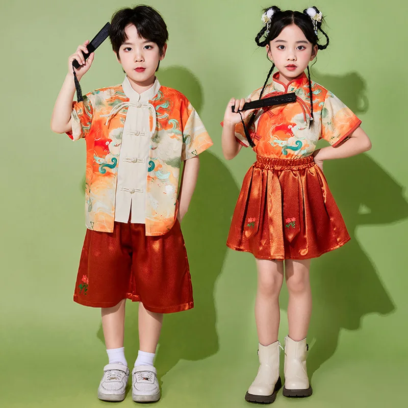 Kids China Dress Of The Tang Dynasty Chinese Traditional Colorful Clouds Print Tops Costume Pants For Children Boy Girl Clothing