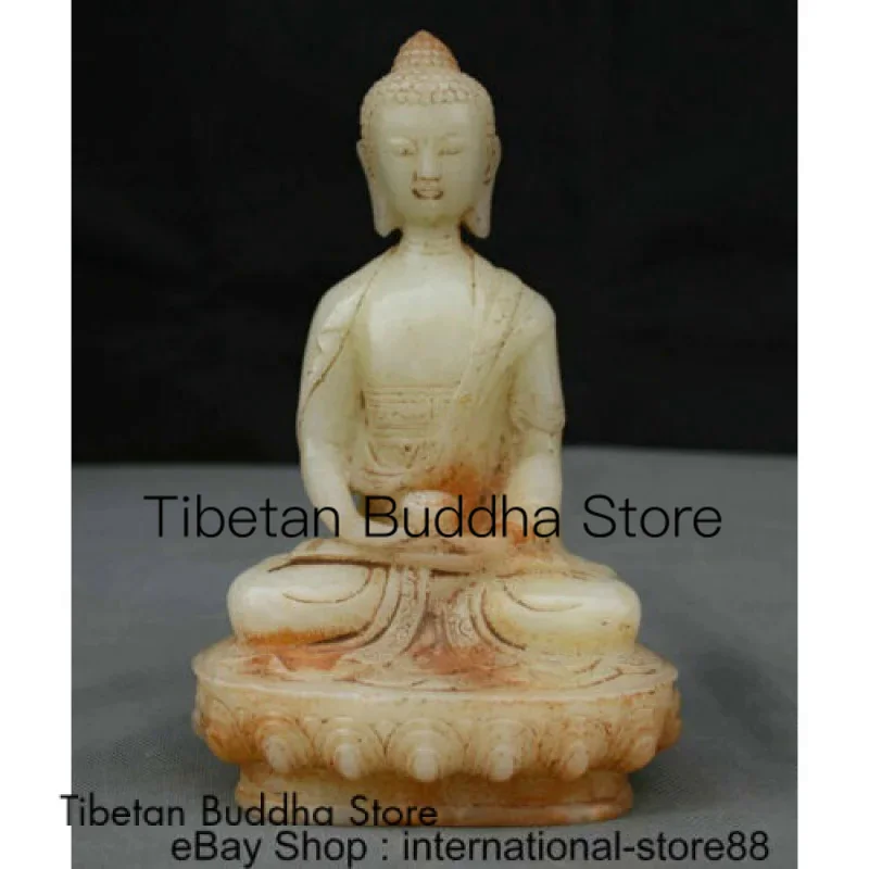 

7.6" Old China Natural White Jade Carving Shakyamuni Amitabha Buddha Jar Statue