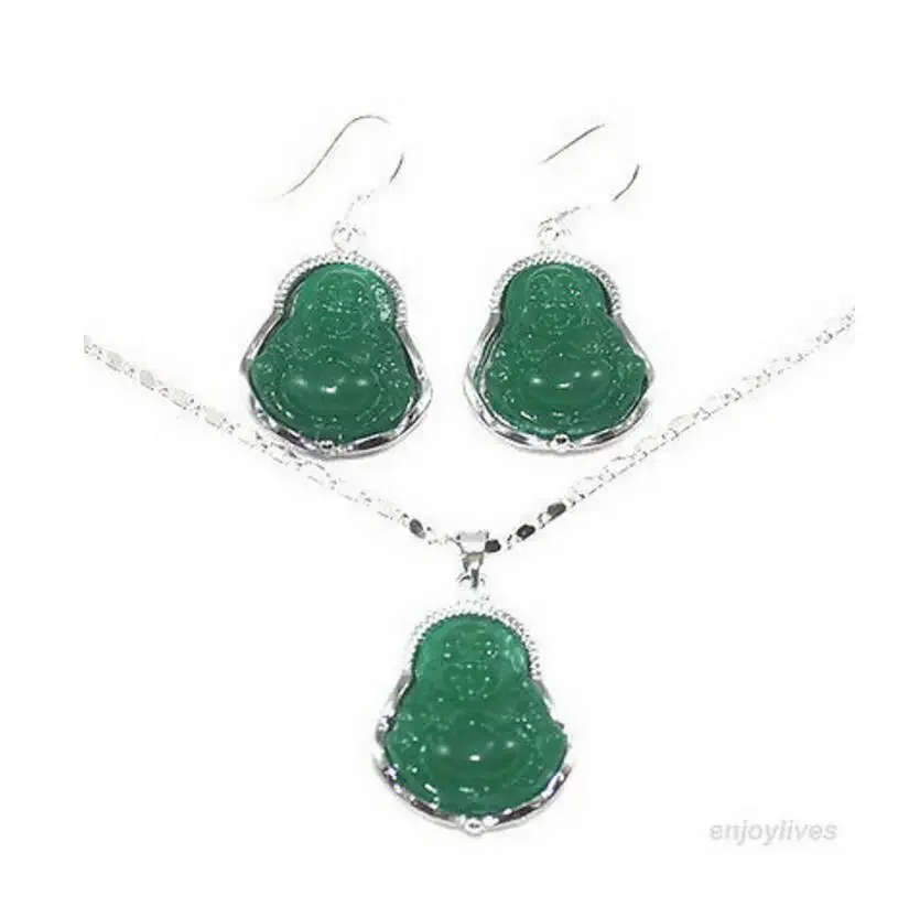 

Green Jade Laughing Buddha Amulet White Gold Plate Hook Earring Pendant Necklace set Natural