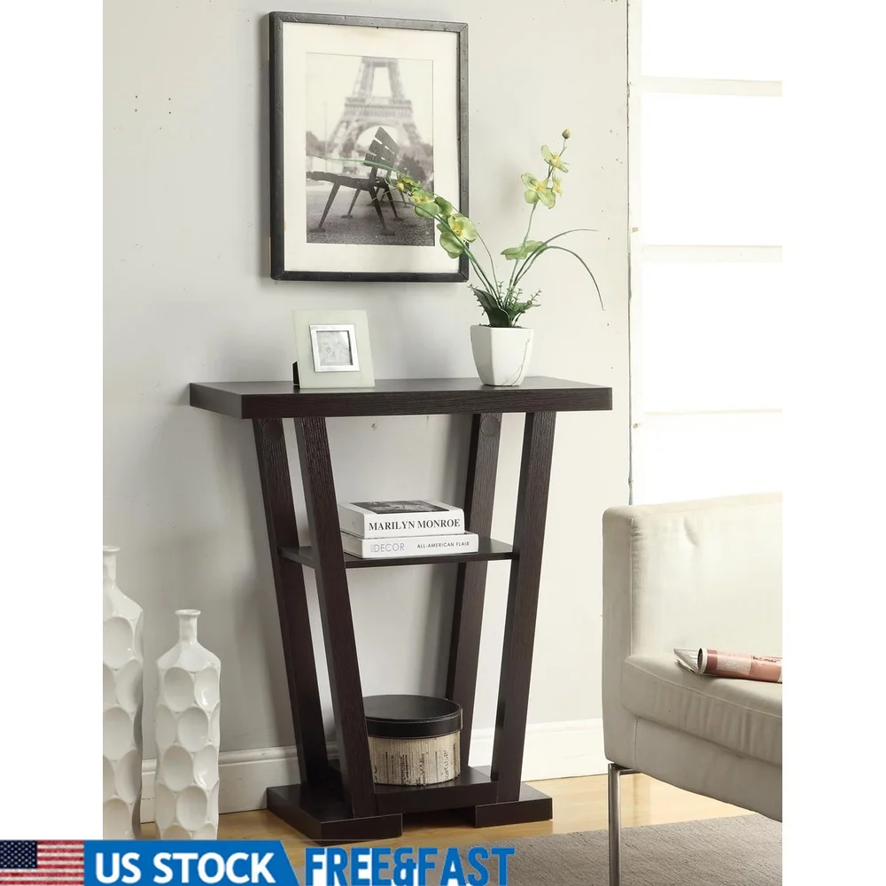 

Espresso Console Table with Open V Shape Frame and Two Shelves Stylish Storage Solution Home Decor Indoor Use