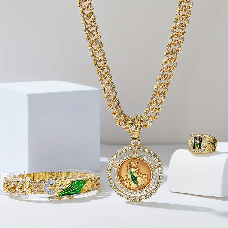 مجموعة أزياء الهيب هوب للرجال: قلادة وسوار وخاتم سانت جود - سبائك الزنك مع لهجات حجر الراين