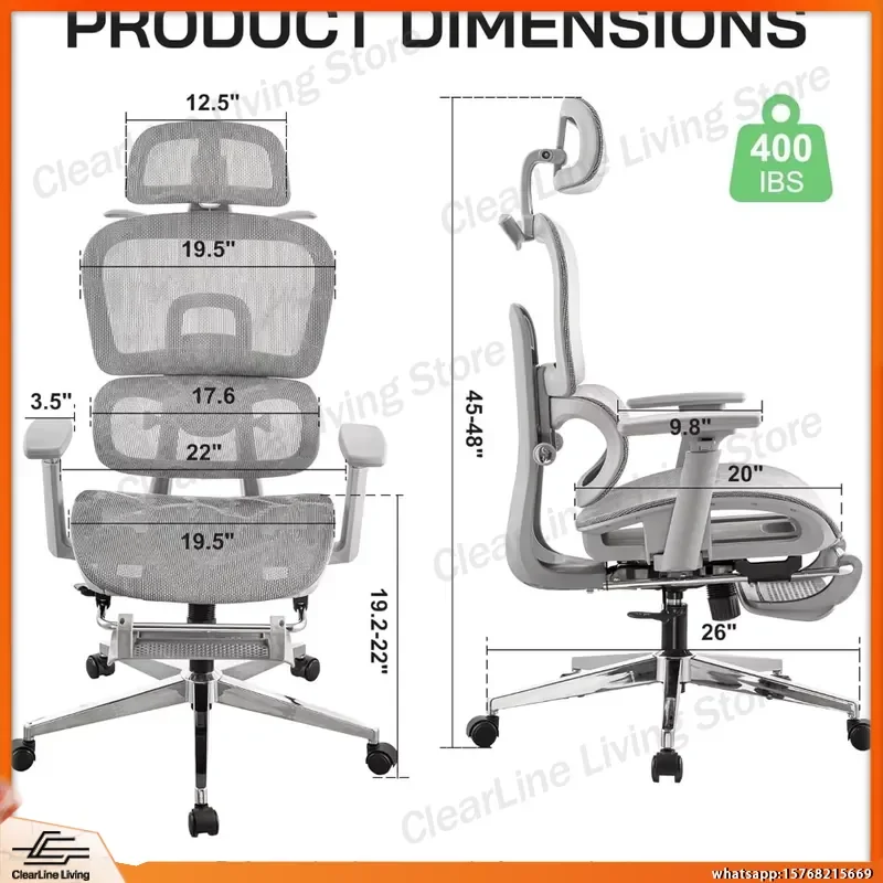 Ergonomic High Back Mesh Office Chair with Lumbar Support Adjustable Headrest Armrests Footrest for Home Office Work Gaming