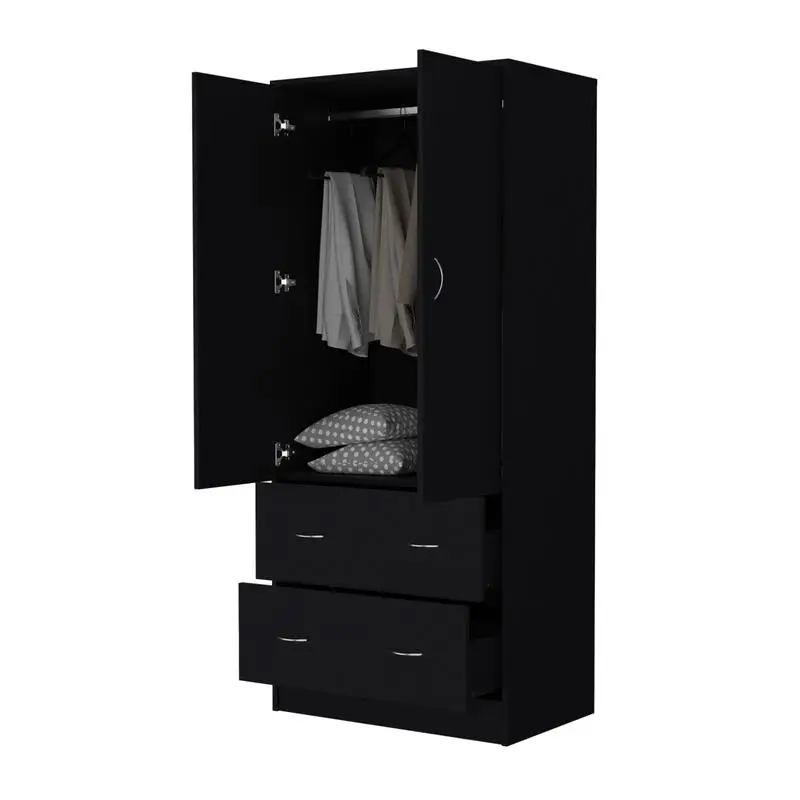 Wenden Wardrobe with 2 Drawers, 2 Doors, Ample Storage & Hanging Rod, Black Finish