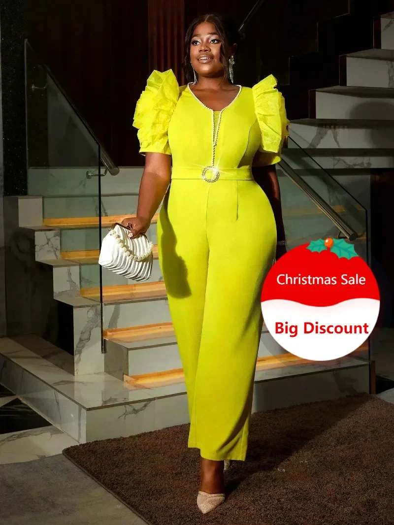 Customized 2025 New Trendy Classic Women Straigh Jumpsuit Beaded O Neck Short Tulle Flower Sleeve High Waist Elegant Formal Even