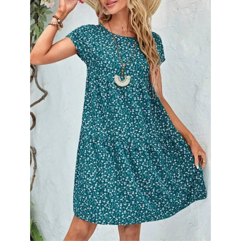 Plus Size Women's Casual New Fashionable Suitable for Commuting Full Body Printed Garden Collar Short Sleeved Dress