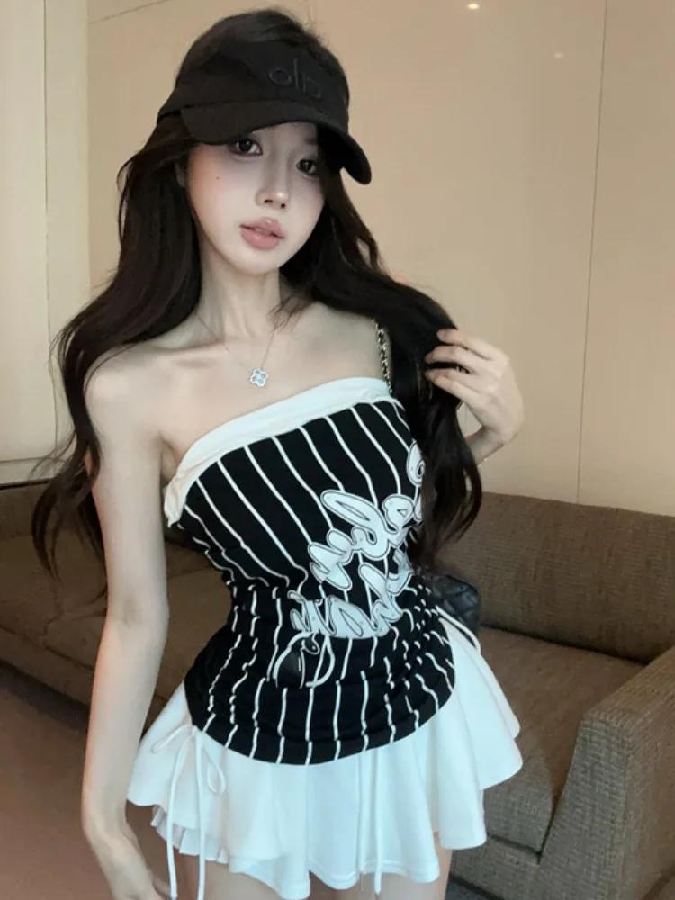 

Льняной топ-бандо в стиле Sweet Style Spicy Girl с цветными блоками и полосками, асимметричный, с принтом, для женщин, летний, новый дизайн, для прогулок по городу, стройнящий силуэт.