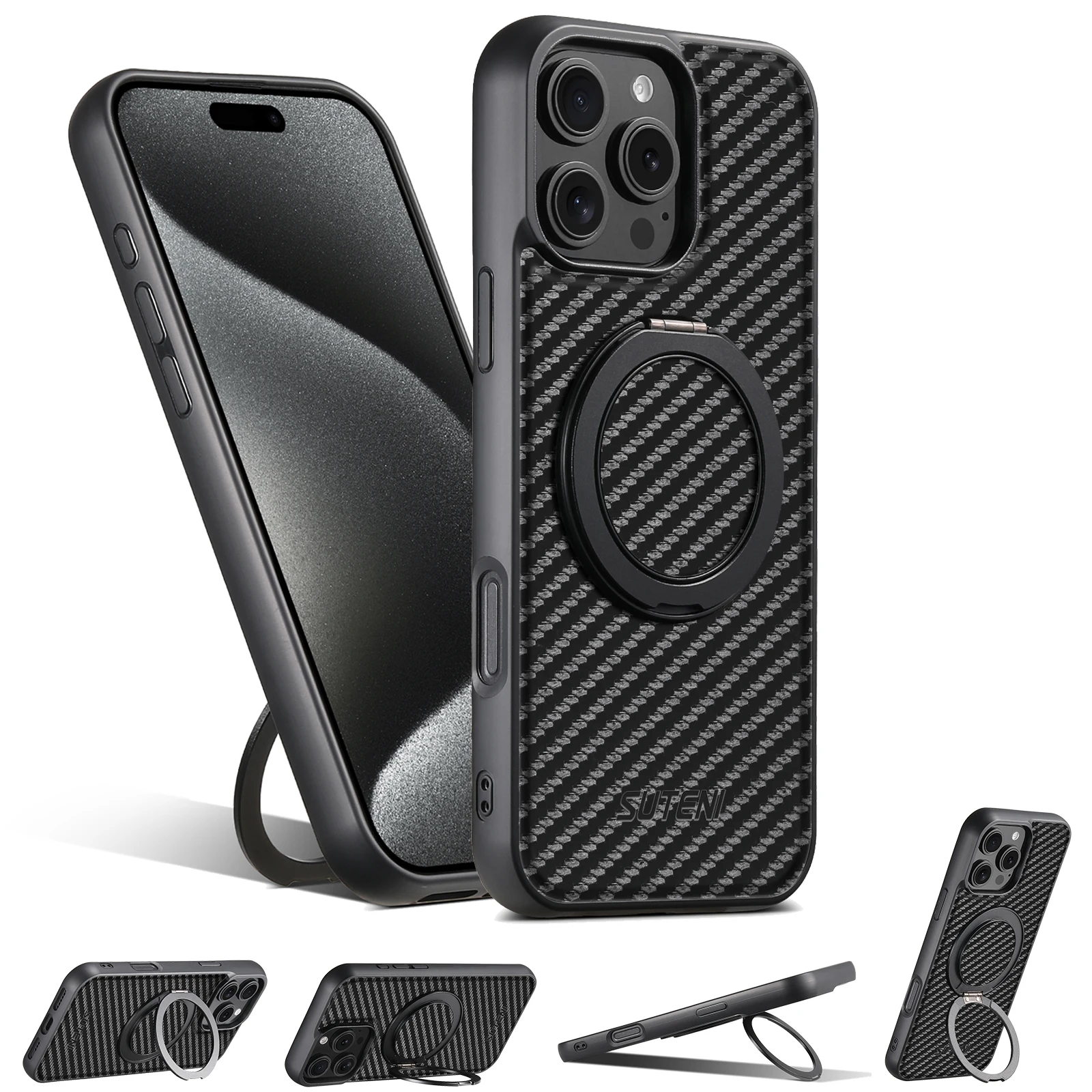SUTENI Magnet Kabellose Ladehülle für Mobiltelefone 360 ° Drehbarer Ständer mit Kunstleder-Ringschnalle für iPhone 18 Pro Max 17 16 Plus – Detail 6