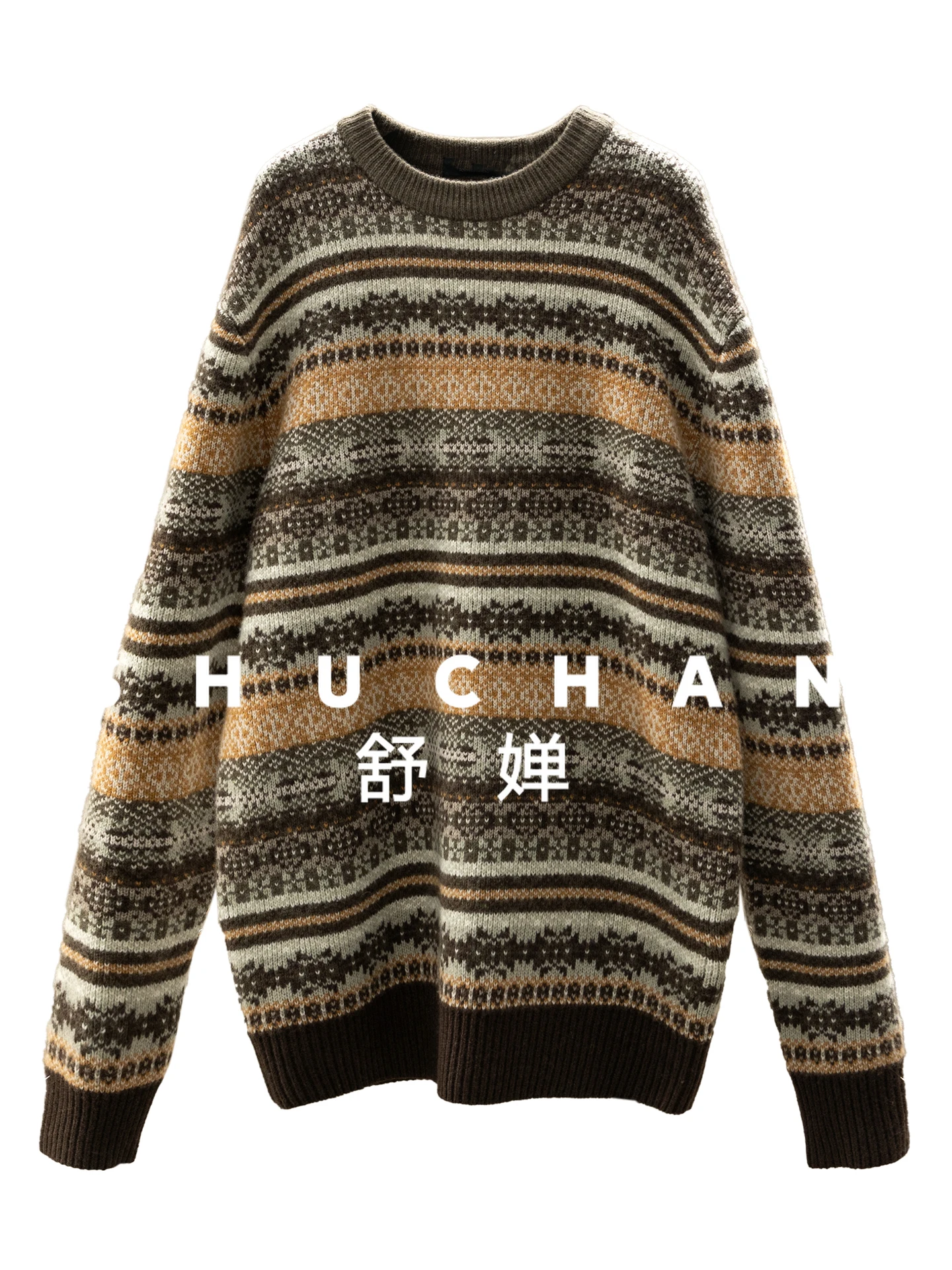 

Unisex French Vintage Fair Isle Jacquard 100 Wool Loose Crew Neck Sweater 54I6 Korean Fashion Blusa De Frio Feminina