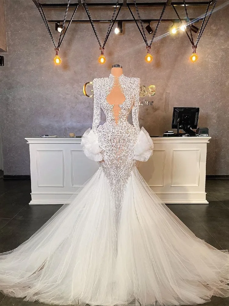 Luxury Mermaid Wedding Dresses Long Sleeves V Neck 3D Lace Hollow Sequins Beaded Pearls Ruffles Lace Train Bridal Gowns Customed