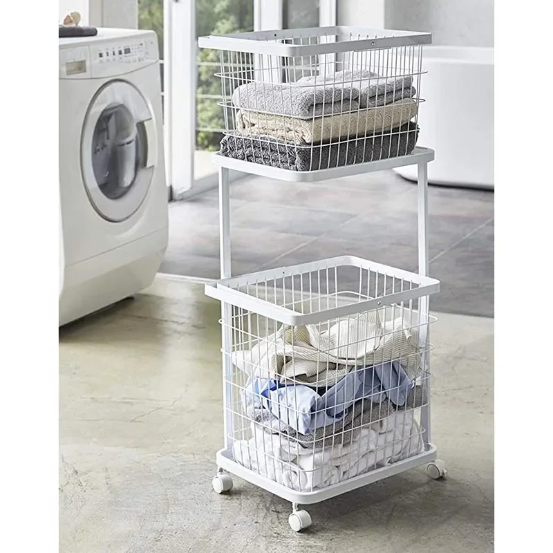 

Double layer Cloth Storage Baskets Rack Bathroom Floor Stand Clothing Storage Sundries Iron Laundry Storage Basket with wheel