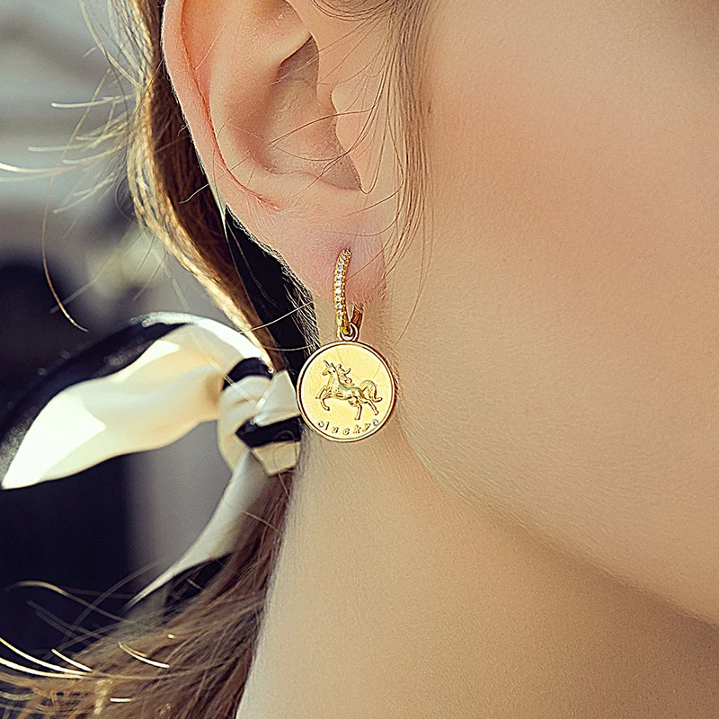 BAMOER U 925 Sterling Silver Lucky Unicorn Hoop Earrings, Plated In Gold Fashion CZ Ear Jewelry