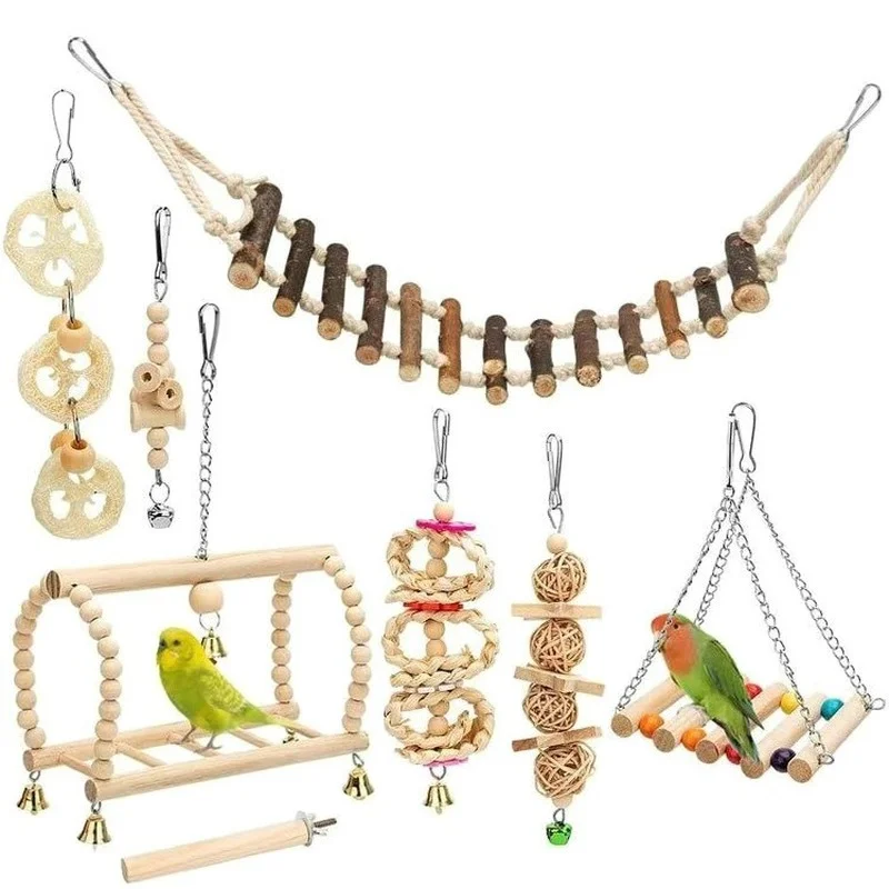 8PCS Set Combination Parrot Bird Toys Wood Articles Bite Pet Bird Toys For Parrot Training Bird Toy Swing Ball Bell Standing