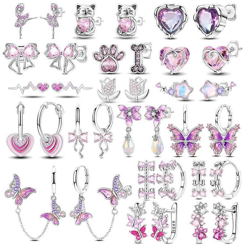 

925 Sterling Silver Hoop Earrings Pink Bow Butterfly Heart Zircon Earring For Women Birthday Party Fashion Jewelry Gifts