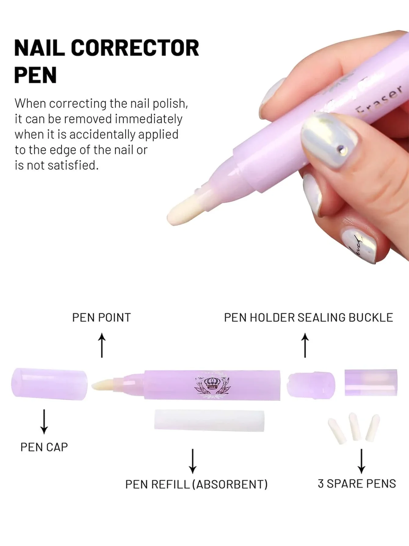 1 قطعة مسمار الفن مصحح القلم إزالة الأخطاء مع 3 نصائح أحدث مسمار مصحح طلاء الأظافر القلم الأنظف محو مانيكير #3