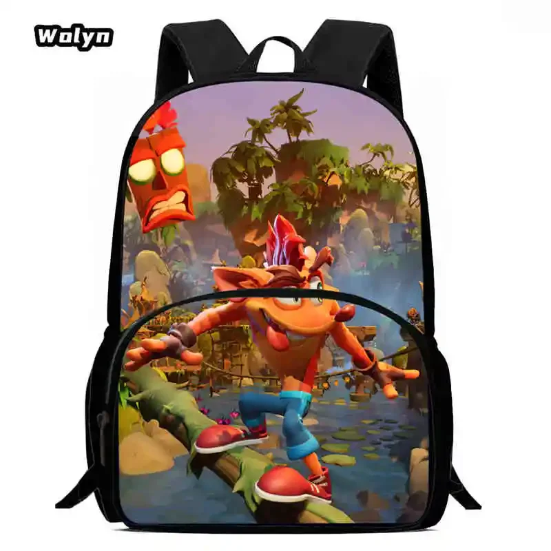 Sac à dos d'école de dessin animé, sac à dos d'école Anime Crash Bandicoot pour garçons et filles, sac à dos grande capacité pour enfants de la 1re à la 4e année