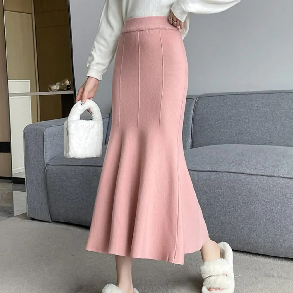 

Fishtail Skirt Elastic High Waist Hip Wrapped Maxi Skirt Solid Color Office Lady Knitting Long Skirt Work Leisure Wear