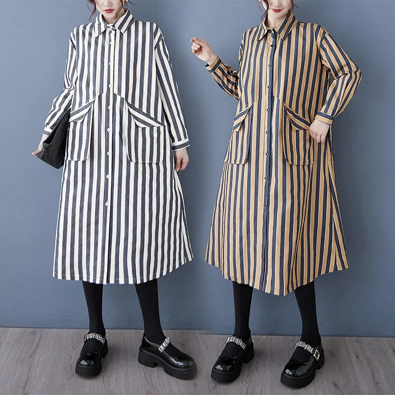 봄가을 니치 디자인 포켓 루즈핏 캐주얼 셔츠 스커트 패셔너블하고 다재다능한 스트라이프 한국 버전 원피스