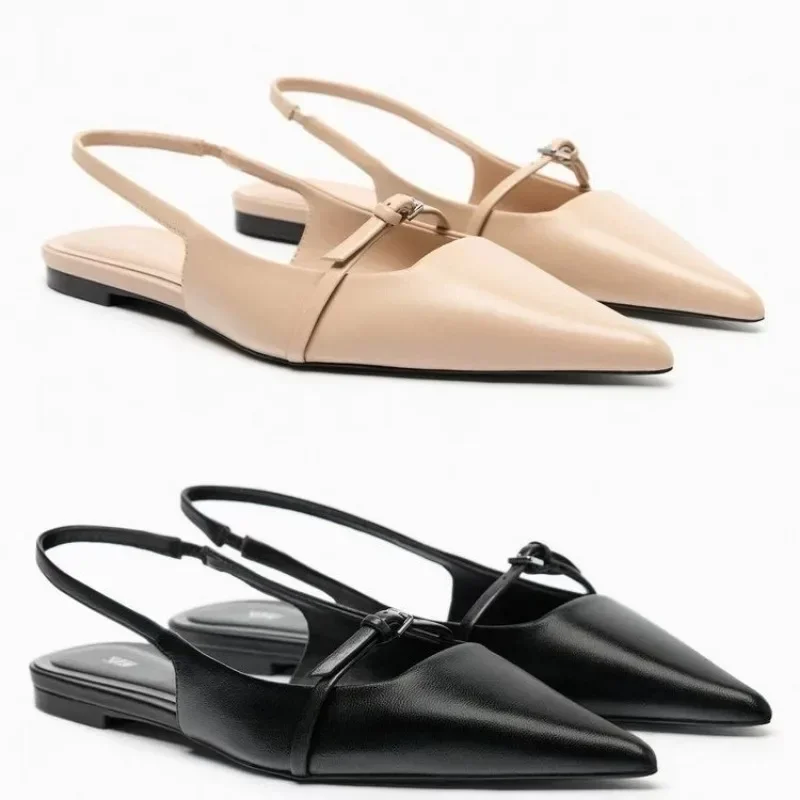 Sandali con fondo piatto Slingback da donna Designer estivo nuove scarpe da balletto da donna a punta in pelle nera scarpe da donna con tacco basso