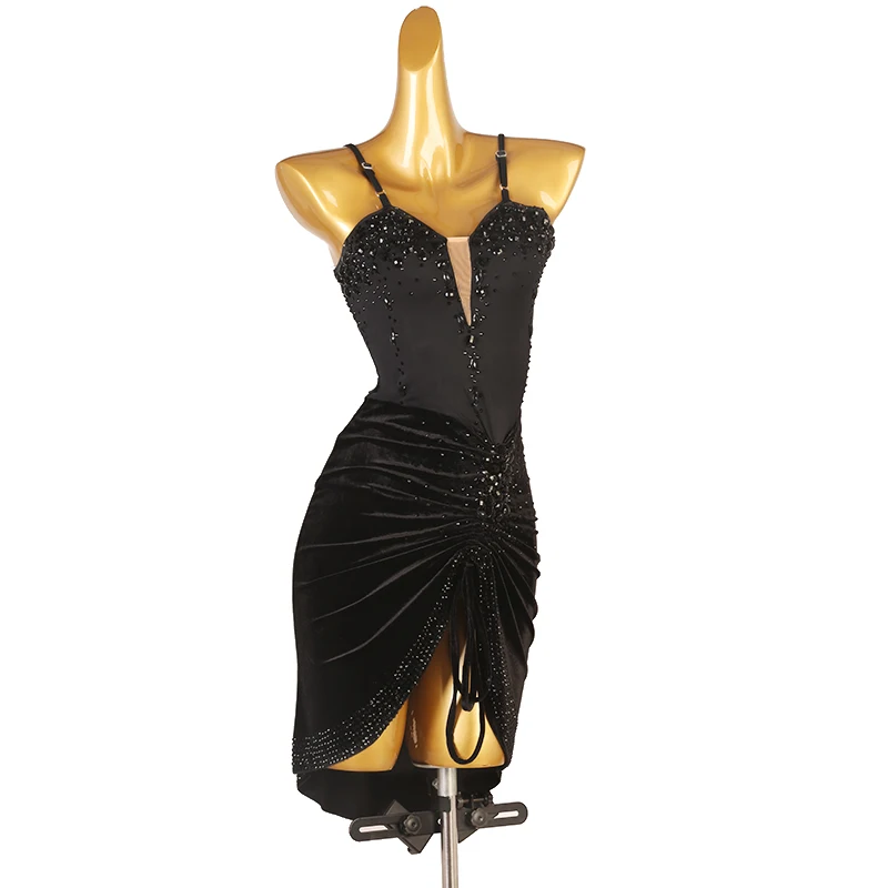 Vestido de competición de baile latino para mujer, vestido profesional Sexy negro con diamantes de imitación, ropa latina para mujer adulta Rumba Cha-Cha DQL8133