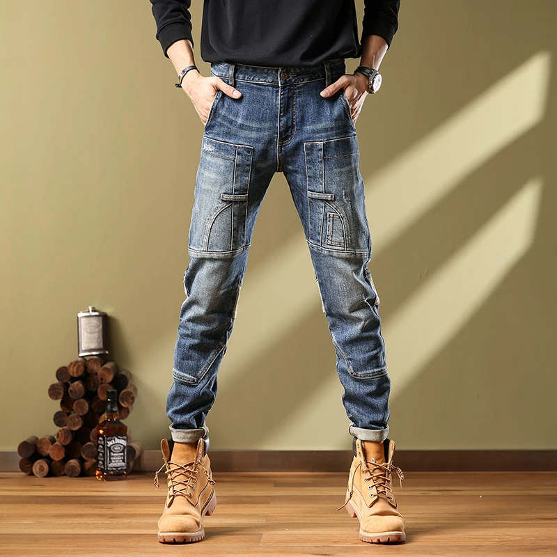 

Мужские джинсы из высококачественного ретро-денима: модные, облегающие, повседневные, осенне-зимние, с эластичным поясом и дизайном в стиле пэчворк