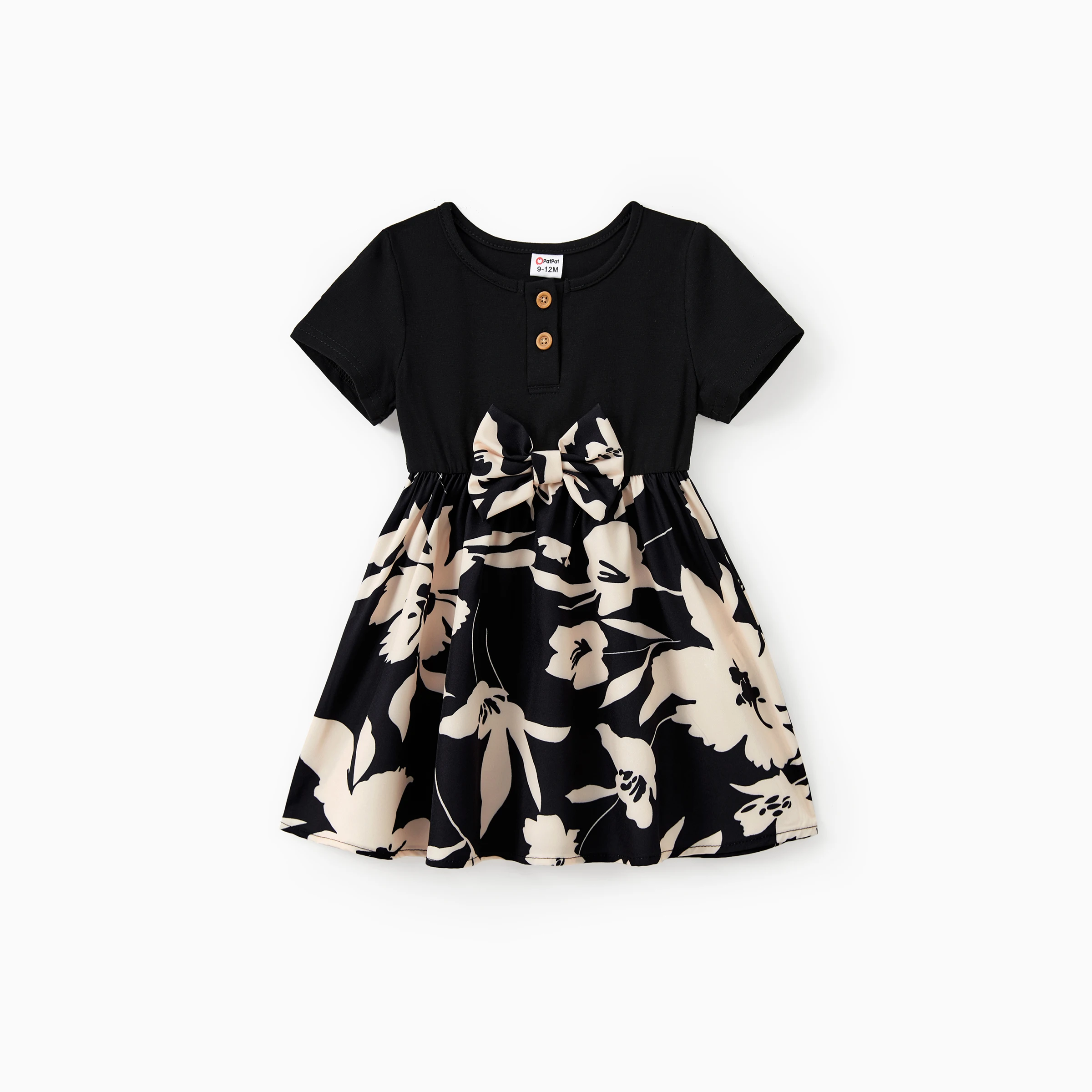 PatPat Family Matching Sets Black Floral Panel Tee or Henley Neck Button Top Spliced Floral Bottom Dress