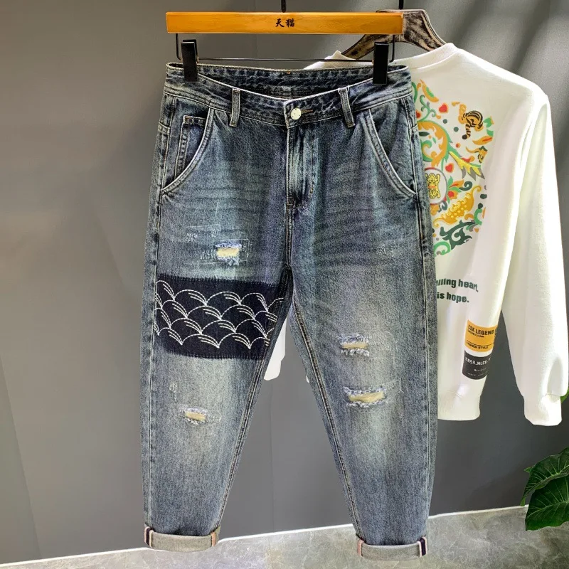 Vintage Blue Ripped Jeans Men's Fashion Printed 2024 Men's New Clothes Street Fashion Loose Harem Ruffle Handsome Trousers