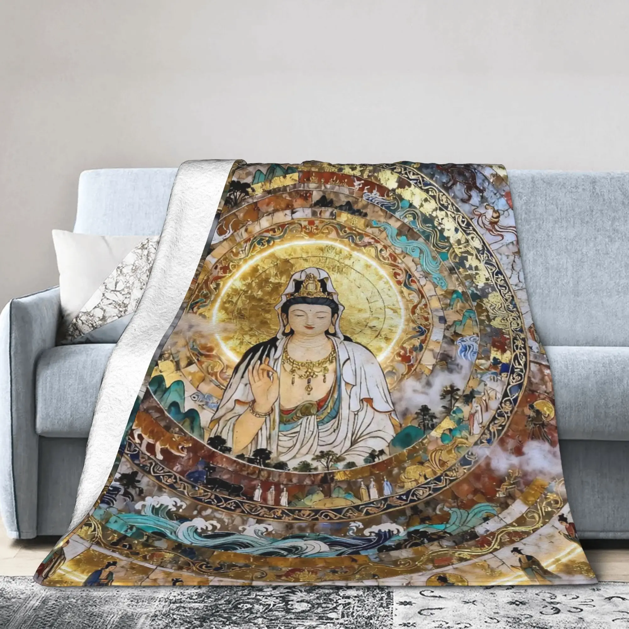Buddha Lotus Zen Meditation Flannel Blanket Y2K Harajuku Funny Throw Blanket for Home 125*100cm Bedspreads