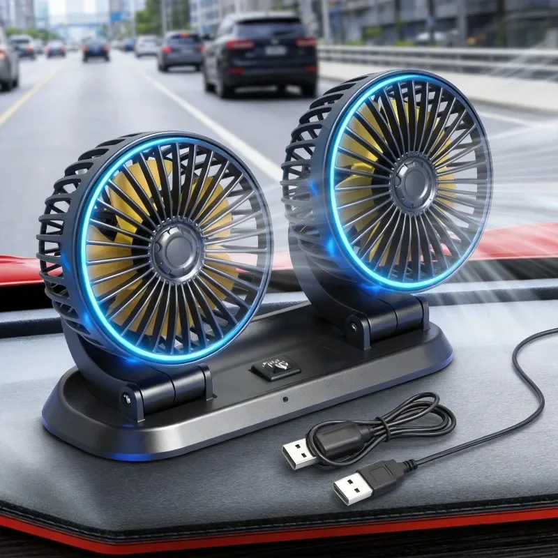 Electric Car Cooling Fan 360 Degree Rotatable Telescopic Dual Head with Cigarette Plug Low Noise Automobile Fan for Car Seda