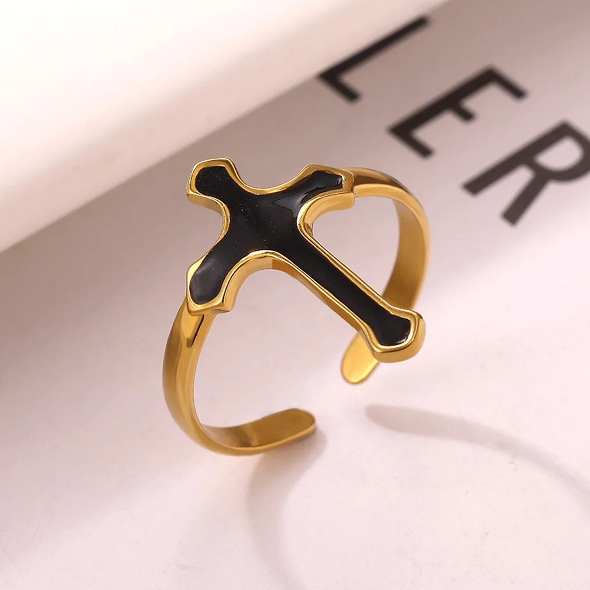 Trendy Cross Rings for Women Gold Color Stainless Steel Waterproof Black Enamel Crossed Finger Ring Party Jewelry Anillos Mujer