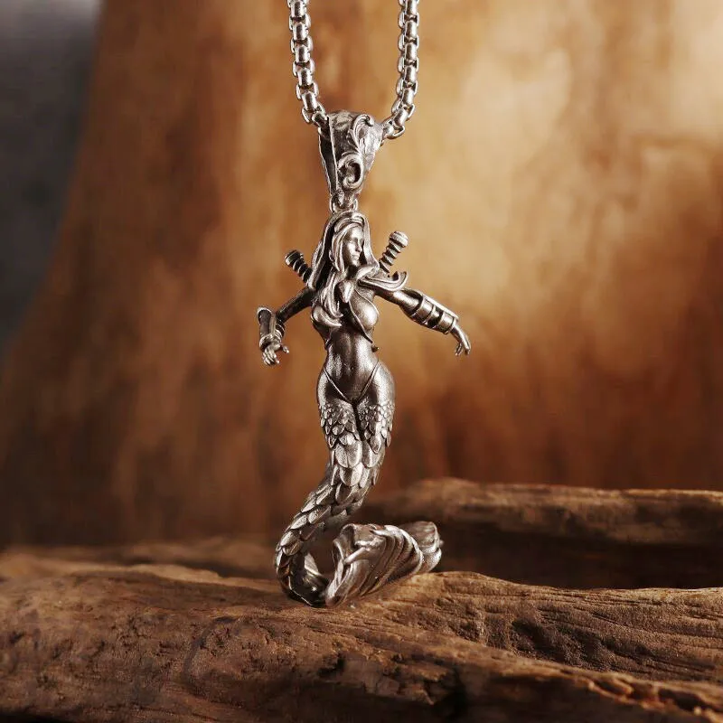 Mermaid Pendant Ocean God of War Necklace Personality Suitable for Men and Women Couple Necklace Punk Jewelry Anniversary Gift