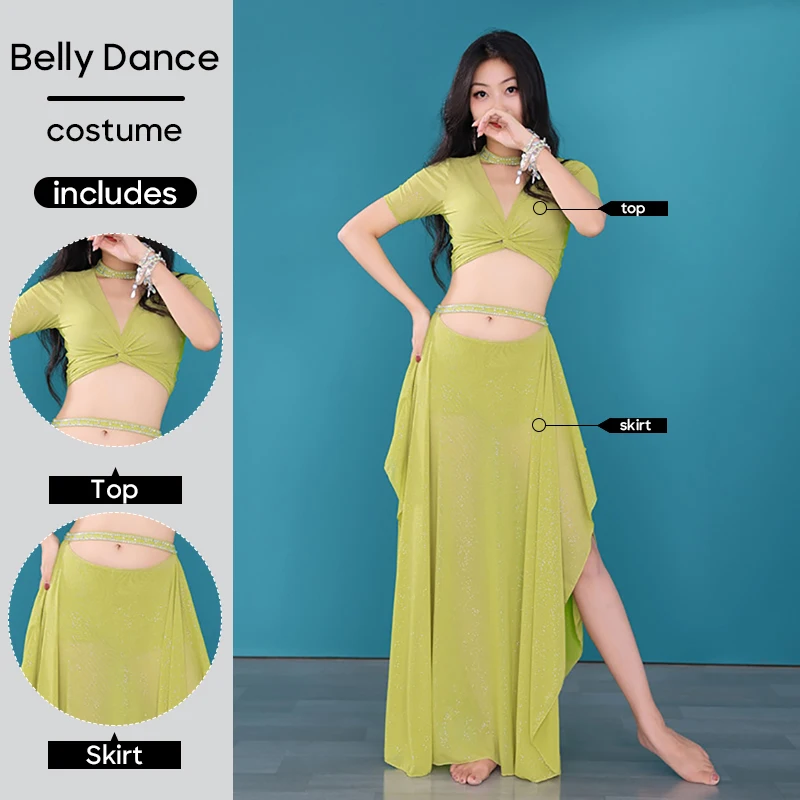 Belly Dance Wear Stage Costume 2 Pcs Set Sexy Wear Top & Skirt For Adult Women Stage Performance Practice Training Costume