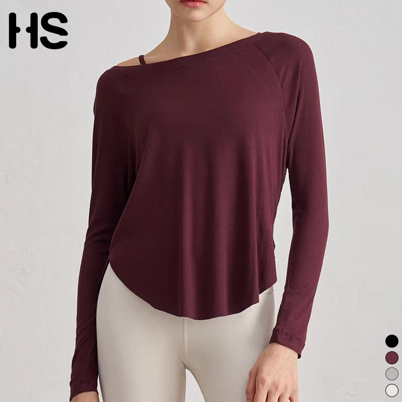 HAUT SHARK New Nude Yoga Clothes for Women Loose Sexy off-Shoulder Yoga Tops Casual Drape Sports Long Sleeves