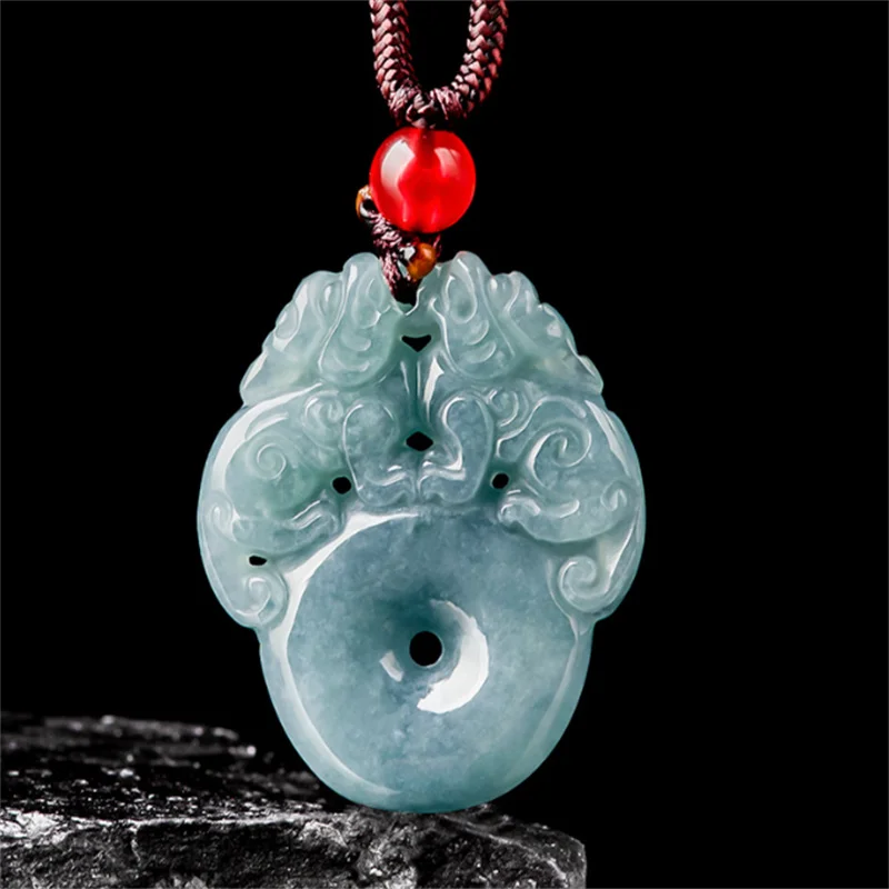 

JiaLe/Natural 100% Myanmar A Jade Hand Carved Pixiu Safety Buckle Necklace Pendant Fashion Emerald Men Women Couples Amulet Gift