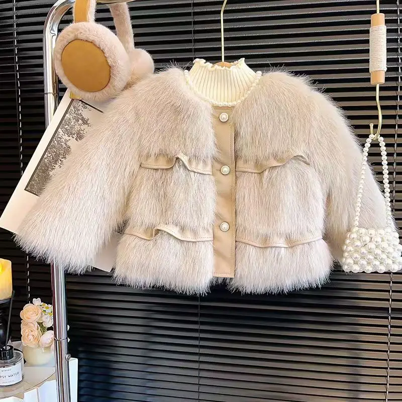 Outerwear New Girl Faux Fur Loose Coat Autumn Winter New Thickening Tops Childrens Clothing 2025 Round Collar Warm 2-8Y