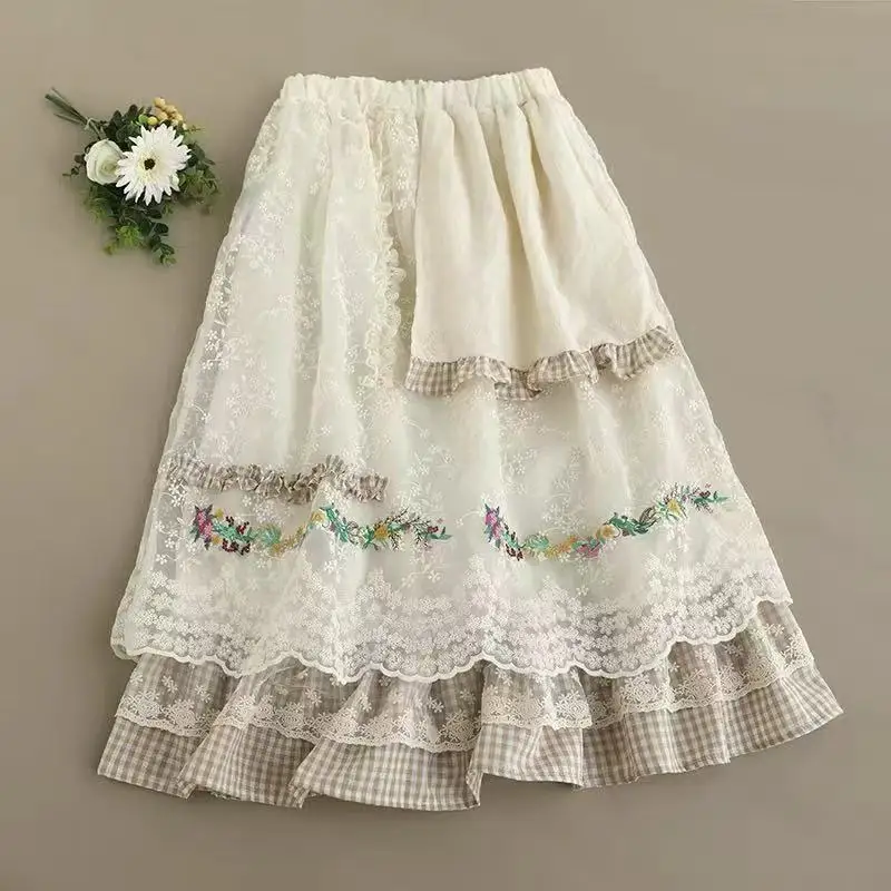 TIYIHAILEY-blanc coton lin dentelle longue mi-mollet jupes taille élastique une ligne Beige printemps et été nouvelle mode Plaid Patchwork