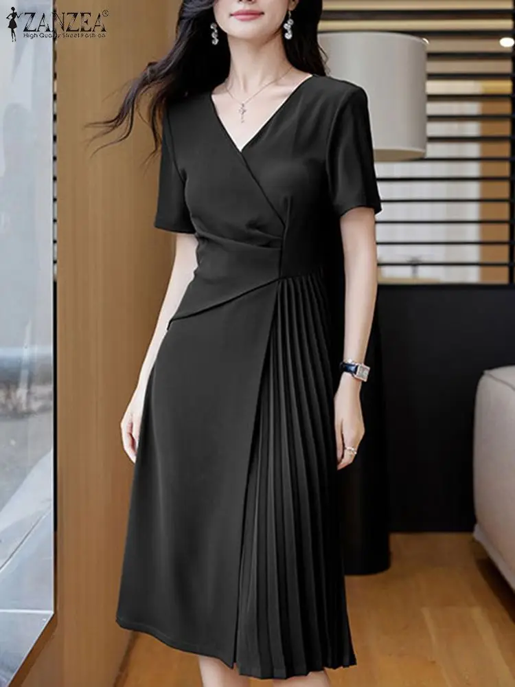 ZANZEA Elegant V Neck Party Dresses 2024 Summer Women Korean Fashion Solid Color Vestidos Short Sleeve Pleated Draped Midi Dress