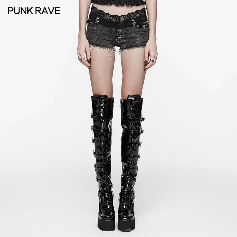 PUNK RAVE Women's Punk Lace Waistband Patchwork Denim Shorts Daily High Waisted Wildness Summer Casual Hotshorts