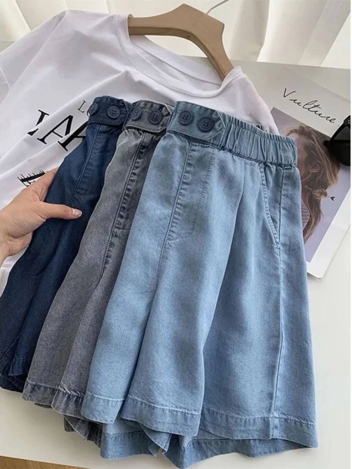 

plus Size High Waist Wide Leg Straight Cut Denim orts Women's A-Line Slimming Summer Faion Chinese Production Blue Jeans