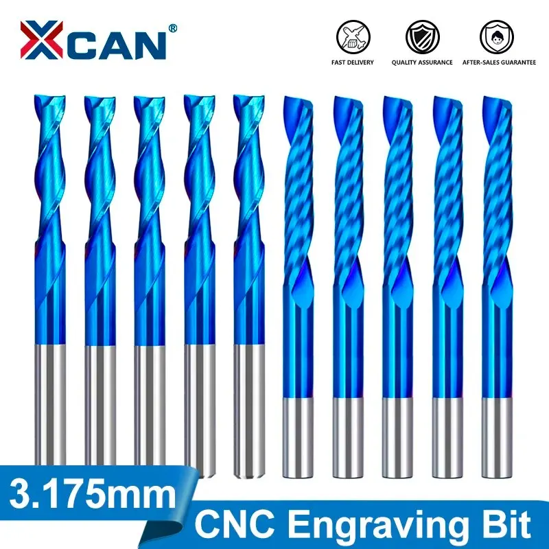 XCAN End Mill Milling Cutter 10pcs 3.175mm Shank CNC Router Bit Nano Blue Coated Carbide Engraving Bit CNC Milling Tools