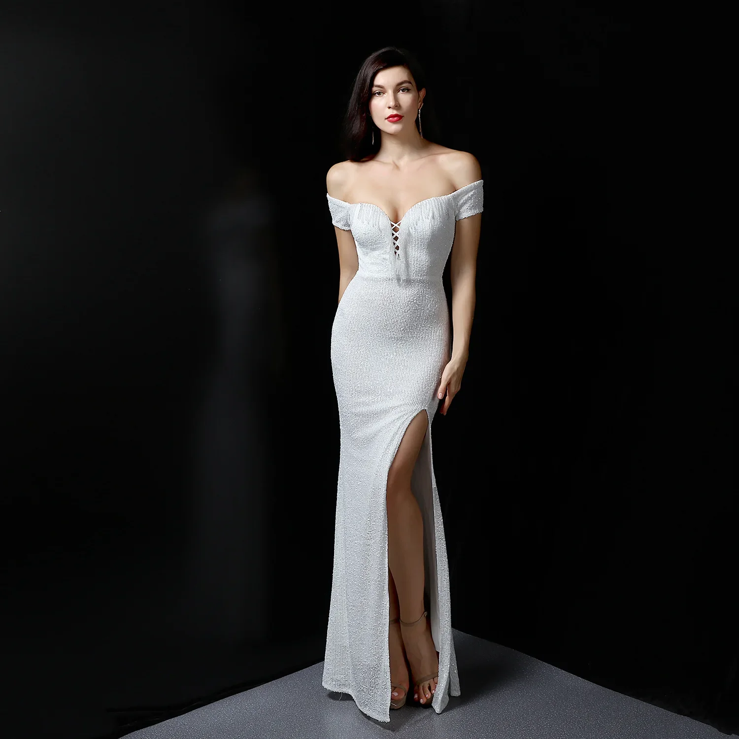 

Evening Dresses White Sequins Stretchy Off the Shoulder Beads Zipper Mermaid Trumpet Floor Length Women Party Formal Gowns YE055