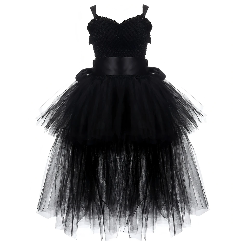 Pink White Black Girls Tutu Dress Tulle V-neck Train Girl Evening Birthday Party Dress Ball Gown Toddler Kids Halloween Costumes
