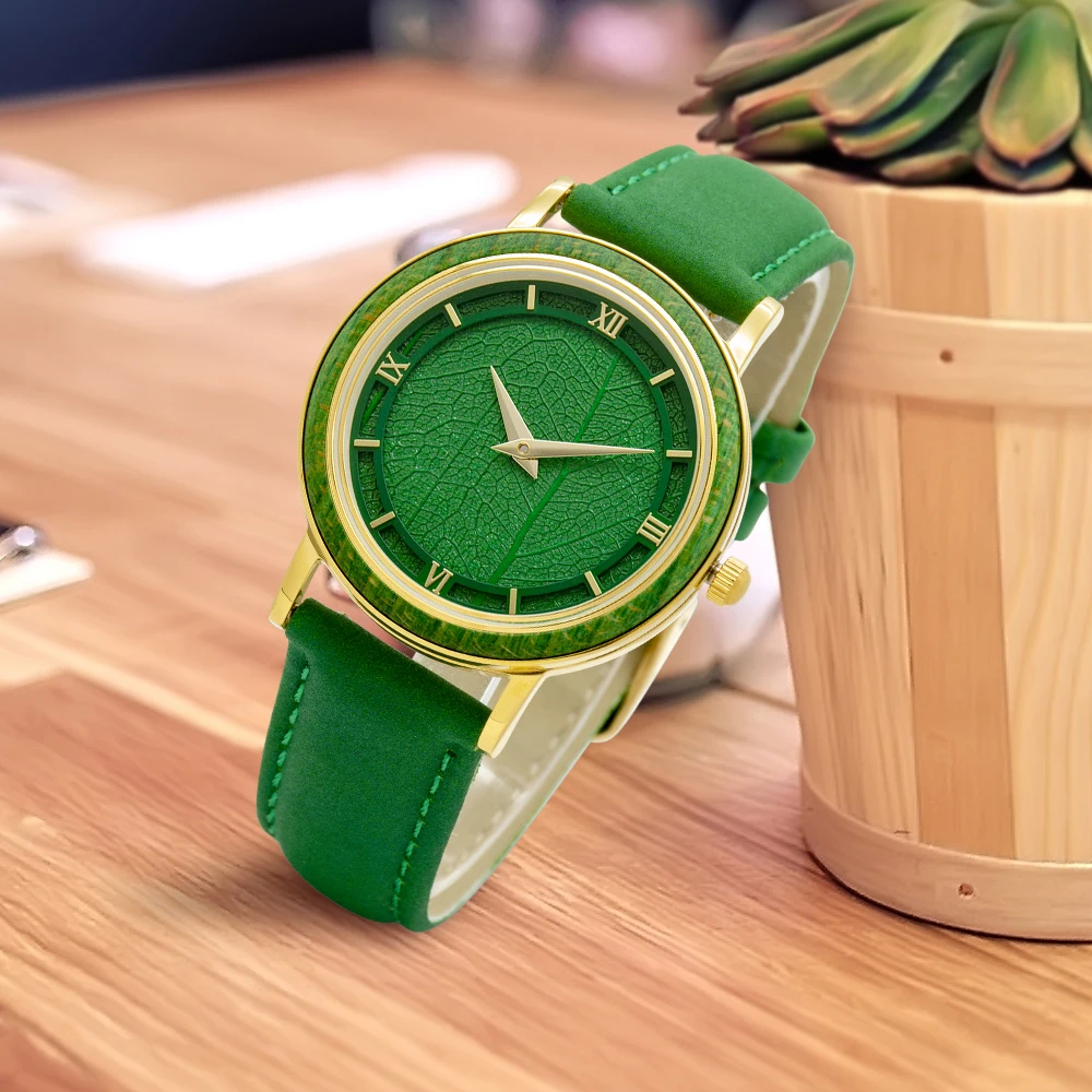 High-End Stainless Steel Case with Wood Ring Genuine Leather Strap Natural Leaf Surface Luxury Watch Component