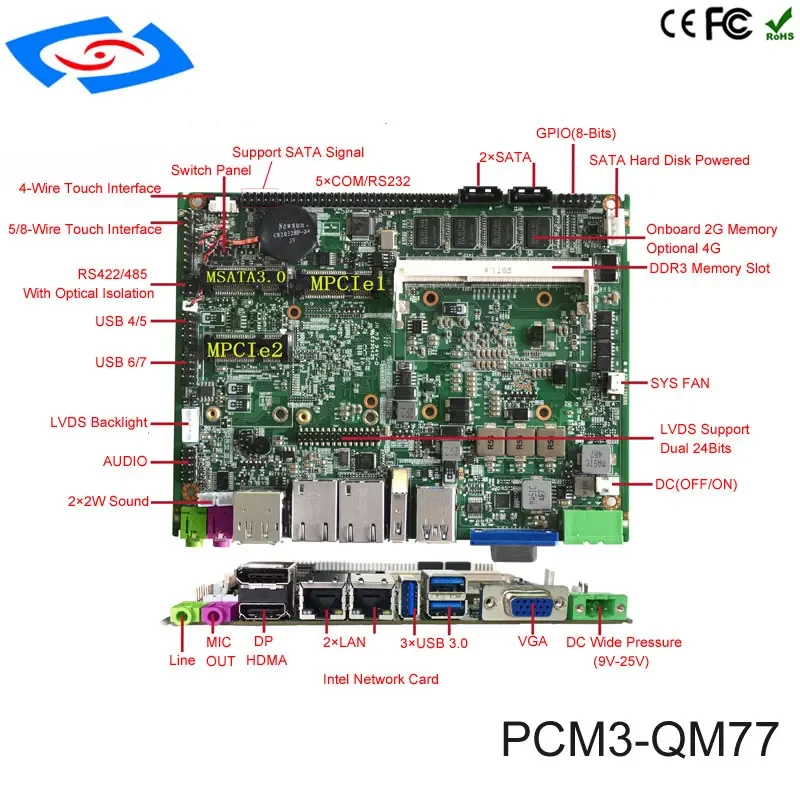 Core I7-3537U CPU Mainboard With 4GB RAM 6xCOM 2xLAN RJ45 1*LVDS 1xHDMI VGA Fanless Industrial Motherboard