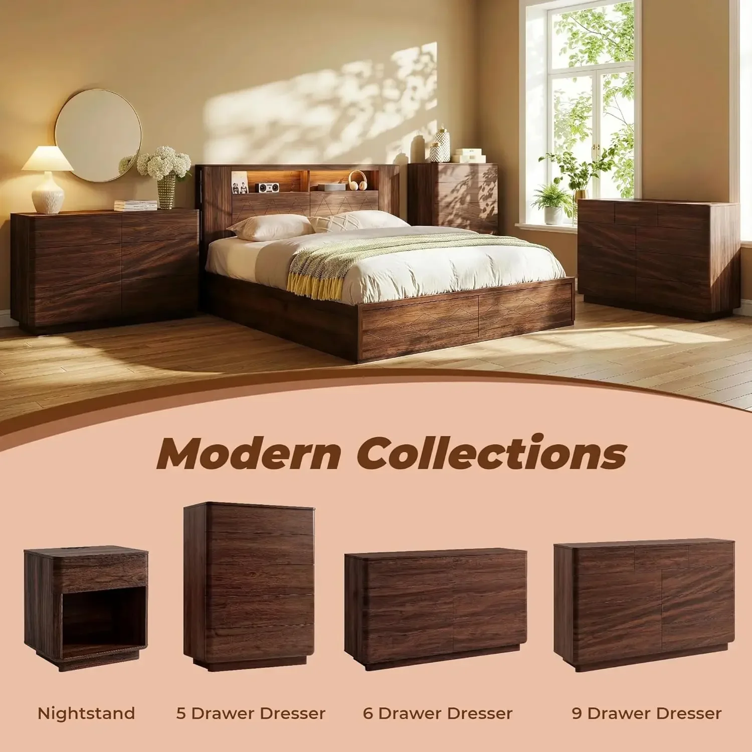52 Inch Wide Modern Wood Dresser 9 Drawer Bedroom Storage Chest Hidden Handle Curved Profile Hallway Living Room TV Stand Dark W