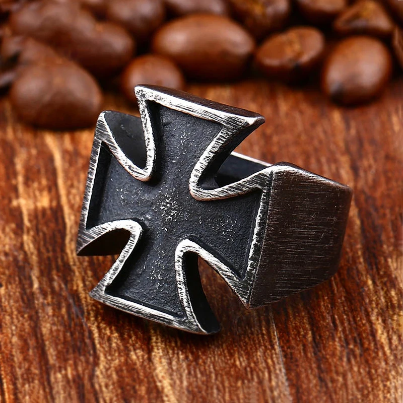 Retro Antique Black German Iron Cross Ring For Men Hip Hop Biker Rings Stainless Steel Cross Fashion Amulet Jewelry Gifts