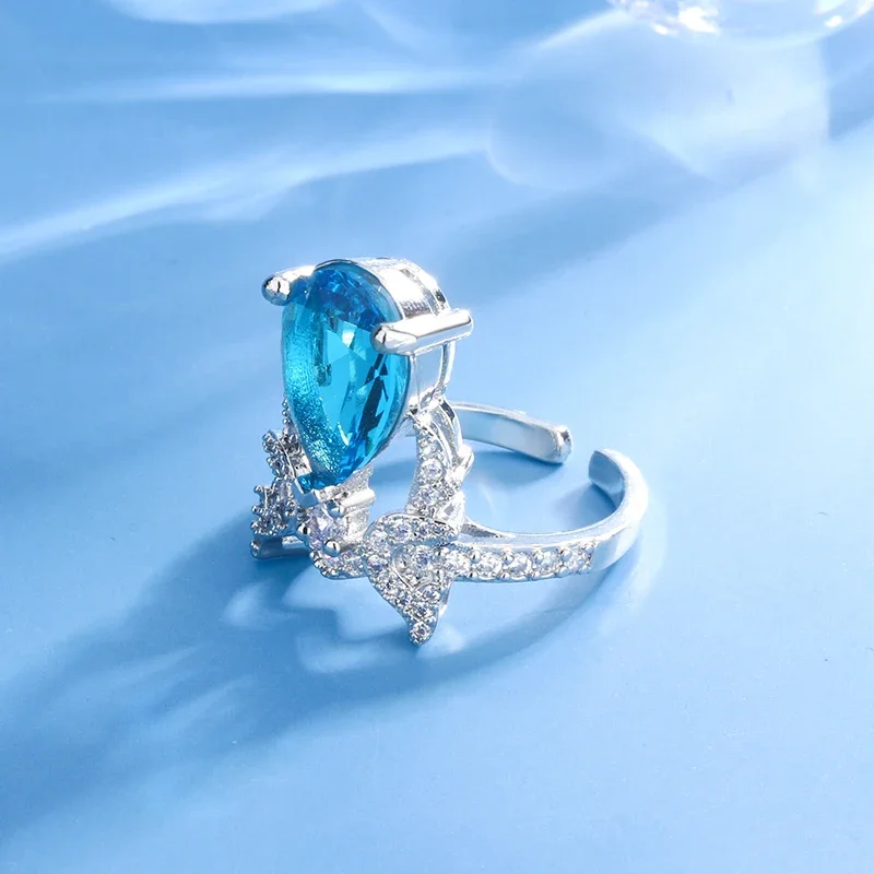 Hot-selling Fat Square Aquamarine Long Ring 925 Silver Plated Water Drop Diamond High Sense Design Girls All Match Diamond Ring