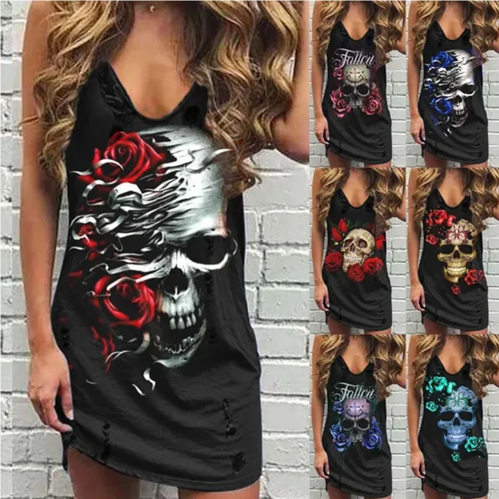 

New female skeleton rose print dress casual low-cut V-neck sleeveless summer daily halter dress women plus size