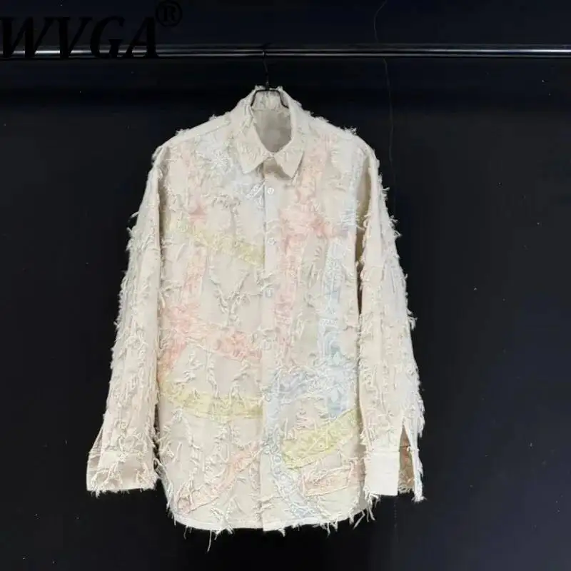 WVGA Spring Autumn New Men's Heavy-Duty Tassel Trendy Jacquard Long Sleeved Shirts Niche Chic Casual Frayed Edge Tops Ins W25646