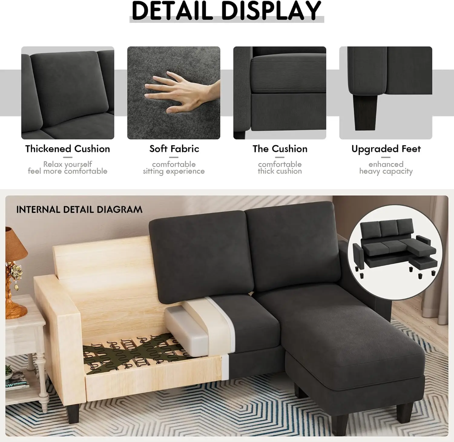 Yeshomy kursi lembut, dudukan sofa bentuk L dengan kain Linen Modern, hemat ruang untuk ruang tamu